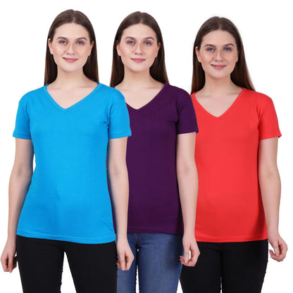 Fleximaa Women's Cotton Plain V Neck Half Sleeve T-Shirt (Pack of 3) - Fleximaa