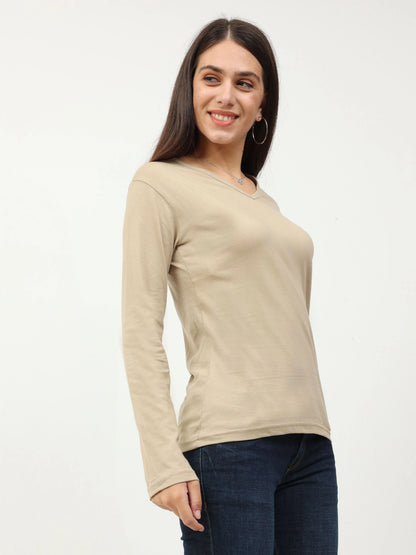 Fleximaa Women's Cotton Plain V Neck Full Sleeve T-Shirt - fleximaa-so