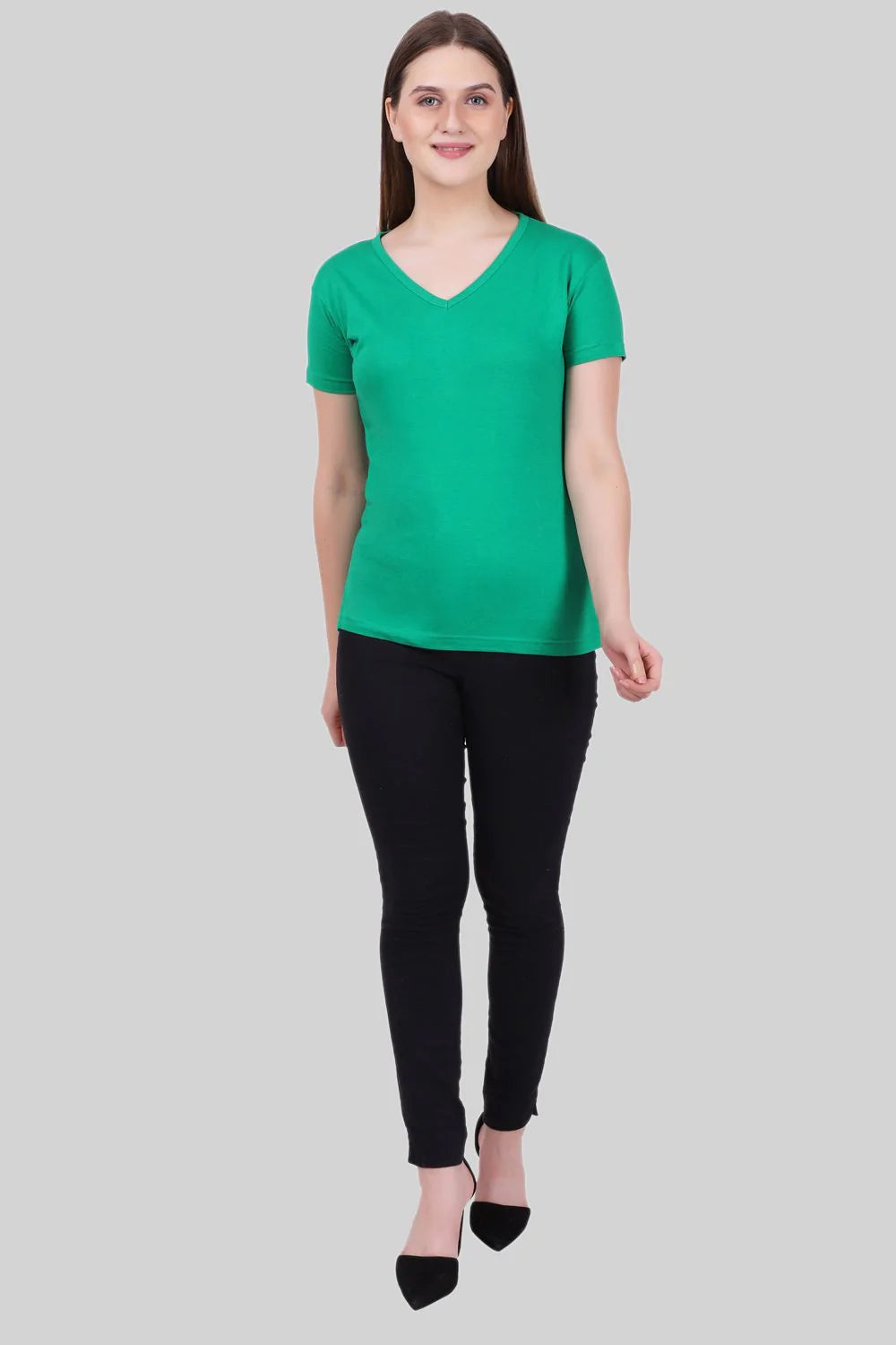 Fleximaa Women's Cotton Plain V Neck Half Sleeve T-Shirt - fleximaa-so