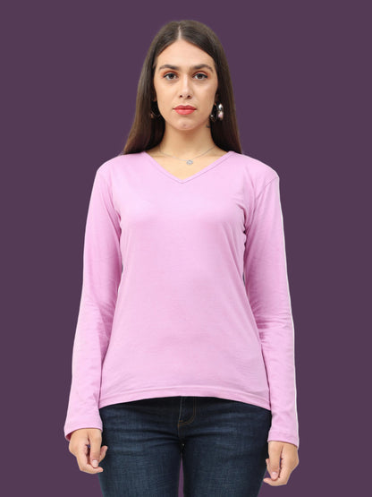 Women's Cotton Plain V Neck Full Sleeve Lavender Color T-Shirt