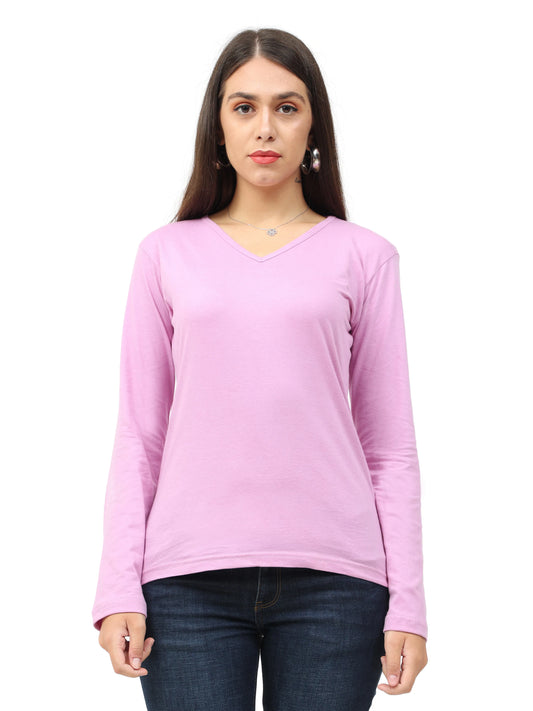 Women's Cotton Plain V Neck Full Sleeve Lavender Color T-Shirt