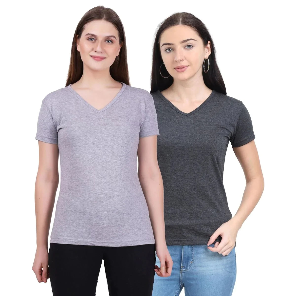 Fleximaa Women's Cotton Plain V Neck Half Sleeve T-Shirt (Pack of 2) - Fleximaa