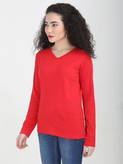 Fleximaa Women's Cotton Plain V Neck Full Sleeve T-Shirt-2 - fleximaa-so