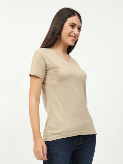 Fleximaa Women's Cotton Plain V Neck Half Sleeve T-Shirt - fleximaa-so