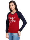 Women's Cotton Printed Raglan Full Sleeve Maroonnavy Color T-Shirt