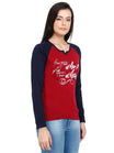 Women's Cotton Printed Raglan Full Sleeve Maroonnavy Color T-Shirt