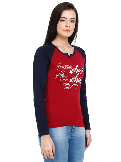 Women's Cotton Printed Raglan Full Sleeve Maroonnavy Color T-Shirt