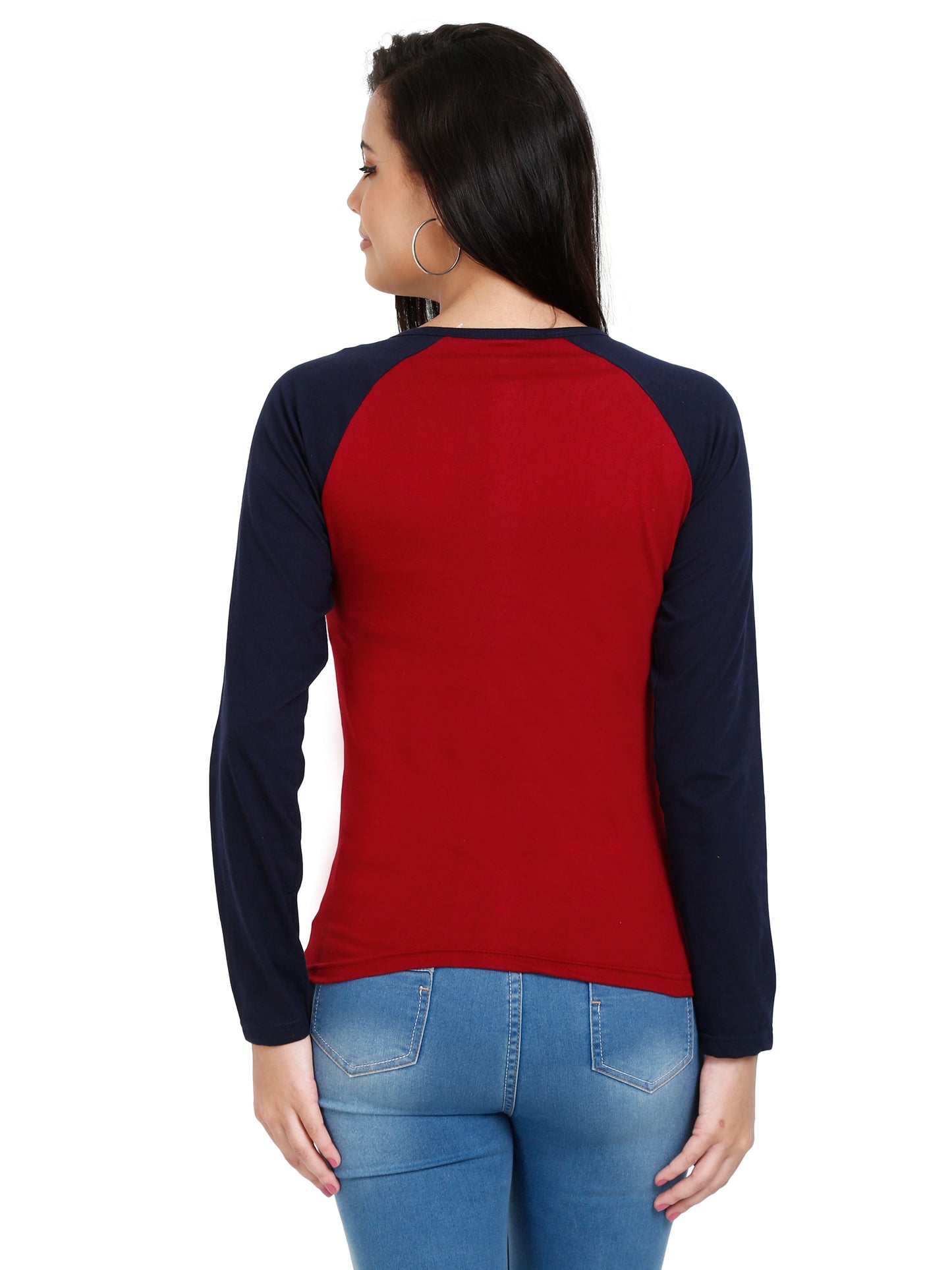 Women's Cotton Printed Raglan Full Sleeve Maroonnavy Color T-Shirt