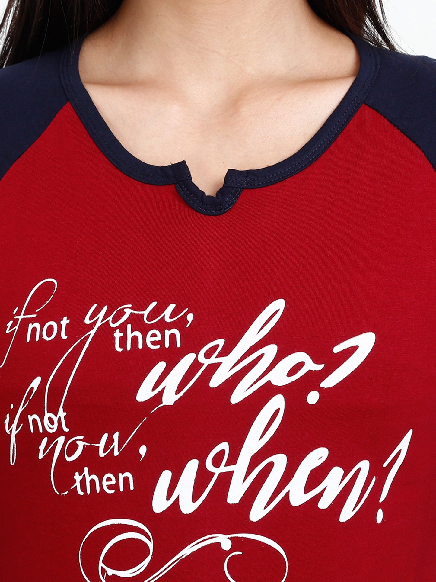 Women's Cotton Printed Raglan Full Sleeve Maroonnavy Color T-Shirt