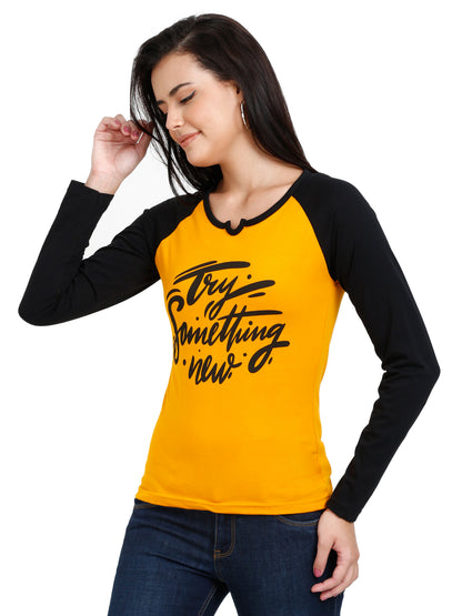 Women's Cotton Printed Raglan Full Sleeve Mustardblack Color T-Shirt
