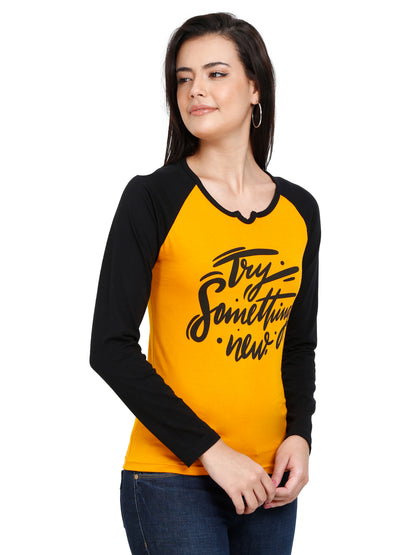 Women's Cotton Printed Raglan Full Sleeve Mustardblack Color T-Shirt