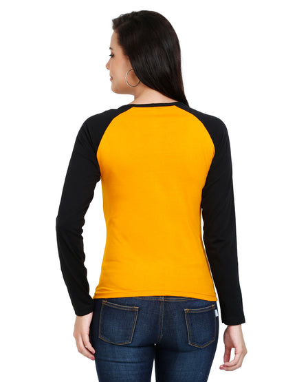 Women's Cotton Printed Raglan Full Sleeve Mustardblack Color T-Shirt