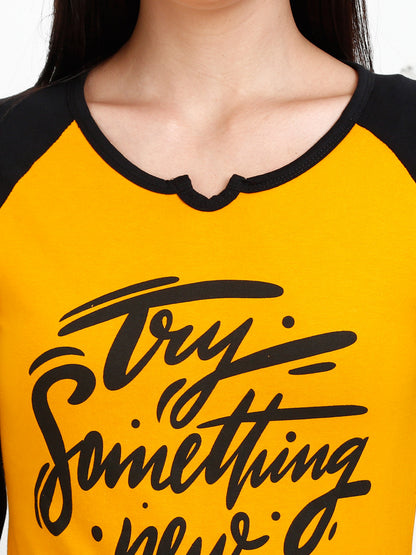Women's Cotton Printed Raglan Full Sleeve Mustardblack Color T-Shirt