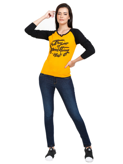 Women's Cotton Printed Raglan Full Sleeve Mustardblack Color T-Shirt