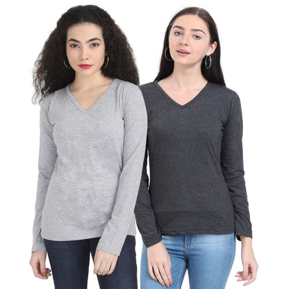 Fleximaa Women's Cotton Plain V Neck Full Sleeve T-Shirt (Pack of 2) - Fleximaa