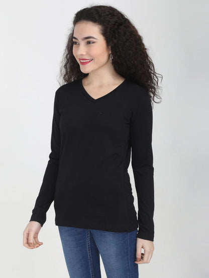 Fleximaa Women's Cotton Plain V Neck Full Sleeve T-Shirt - fleximaa-so