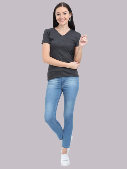 Fleximaa Women's Cotton Plain V Neck Half Sleeve T-Shirt - fleximaa-so