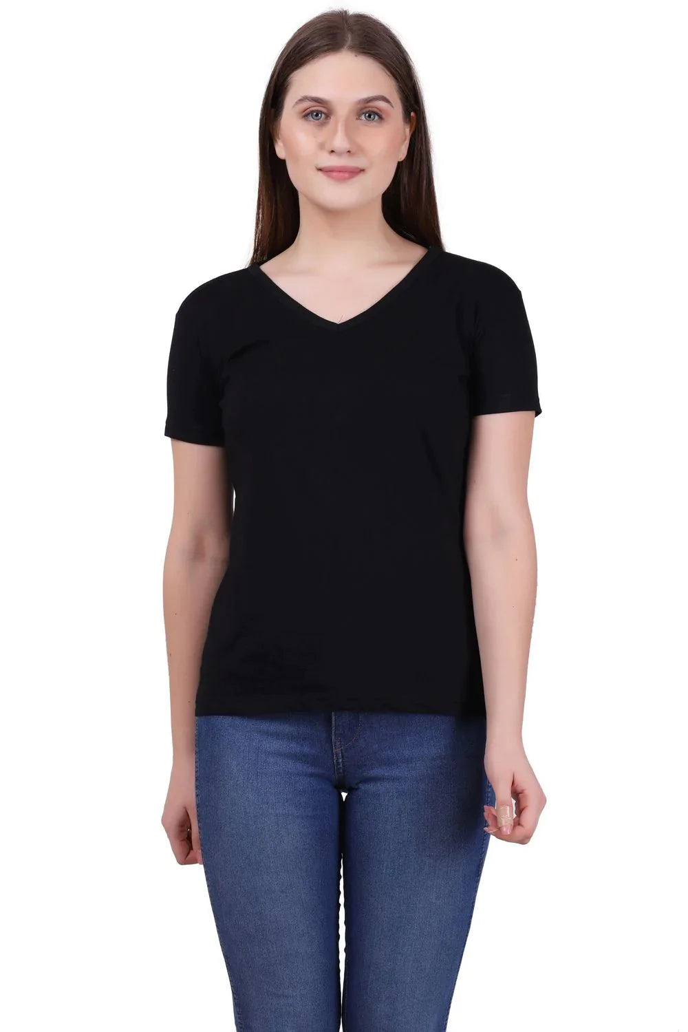 Fleximaa Women's Cotton Plain V Neck Half Sleeve T-Shirt - fleximaa-so