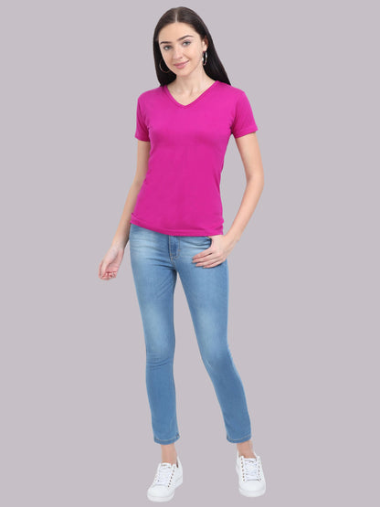 Fleximaa Women's Cotton Plain V Neck Half Sleeve T-Shirt - fleximaa-so