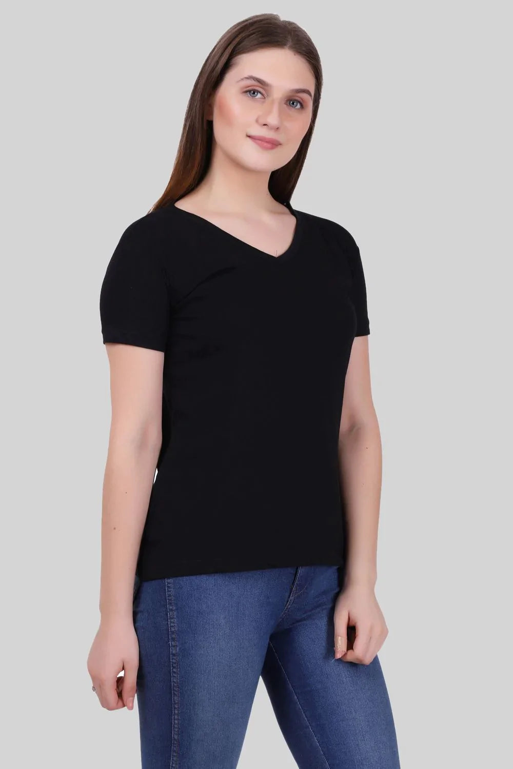 Fleximaa Women's Cotton Plain V Neck Half Sleeve T-Shirt - fleximaa-so