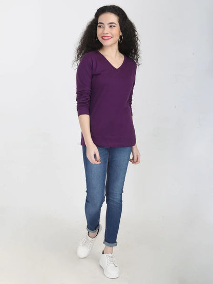 Fleximaa Women's Cotton Plain V Neck Full Sleeve T-Shirt-2 - fleximaa-so