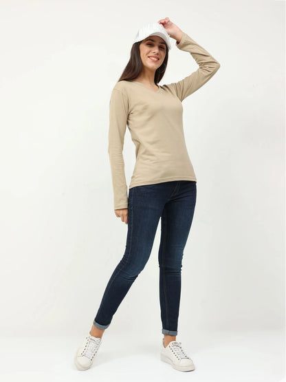 Fleximaa Women's Cotton Plain V Neck Full Sleeve T-Shirt - fleximaa-so