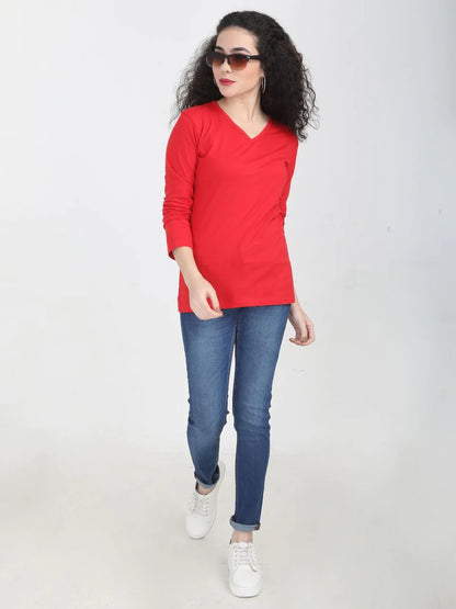 Fleximaa Women's Cotton Plain V Neck Full Sleeve T-Shirt-2 - fleximaa-so