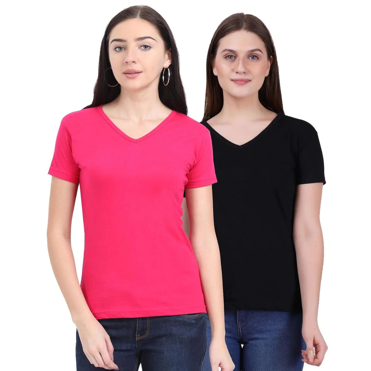 Fleximaa Women's Cotton Plain V Neck Half Sleeve T-Shirt (Pack of 2) - Fleximaa