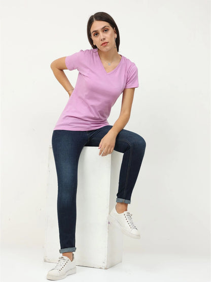 Fleximaa Women's Cotton Plain V Neck Half Sleeve T-Shirt - fleximaa-so