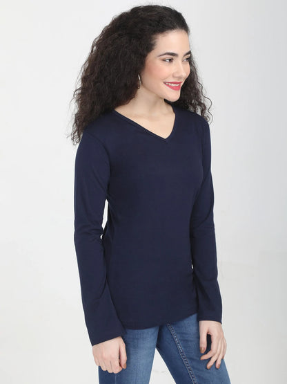 Fleximaa Women's Cotton Plain V Neck Full Sleeve T-Shirt - fleximaa-so