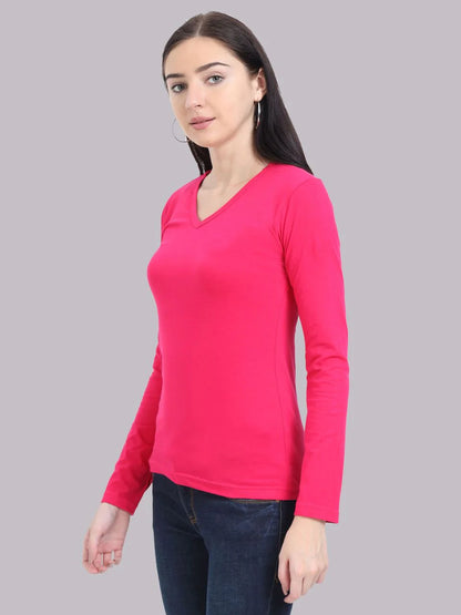 Fleximaa Women's Cotton Plain V Neck Full Sleeve T-Shirt-2 - fleximaa-so