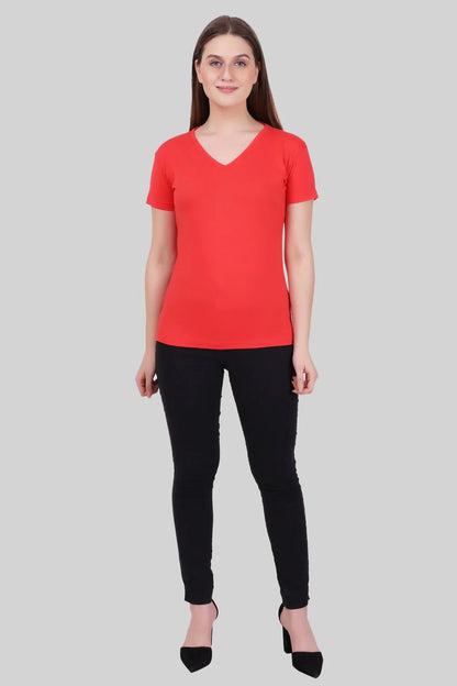 Fleximaa Women's Cotton Plain V Neck Half Sleeve T-Shirt - fleximaa-so
