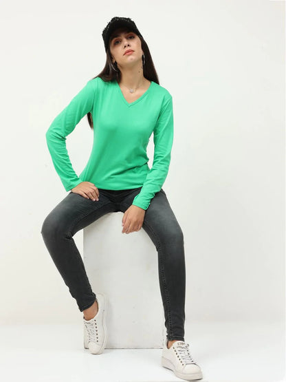 Fleximaa Women's Cotton Plain V Neck Full Sleeve T-Shirt-2 - fleximaa-so