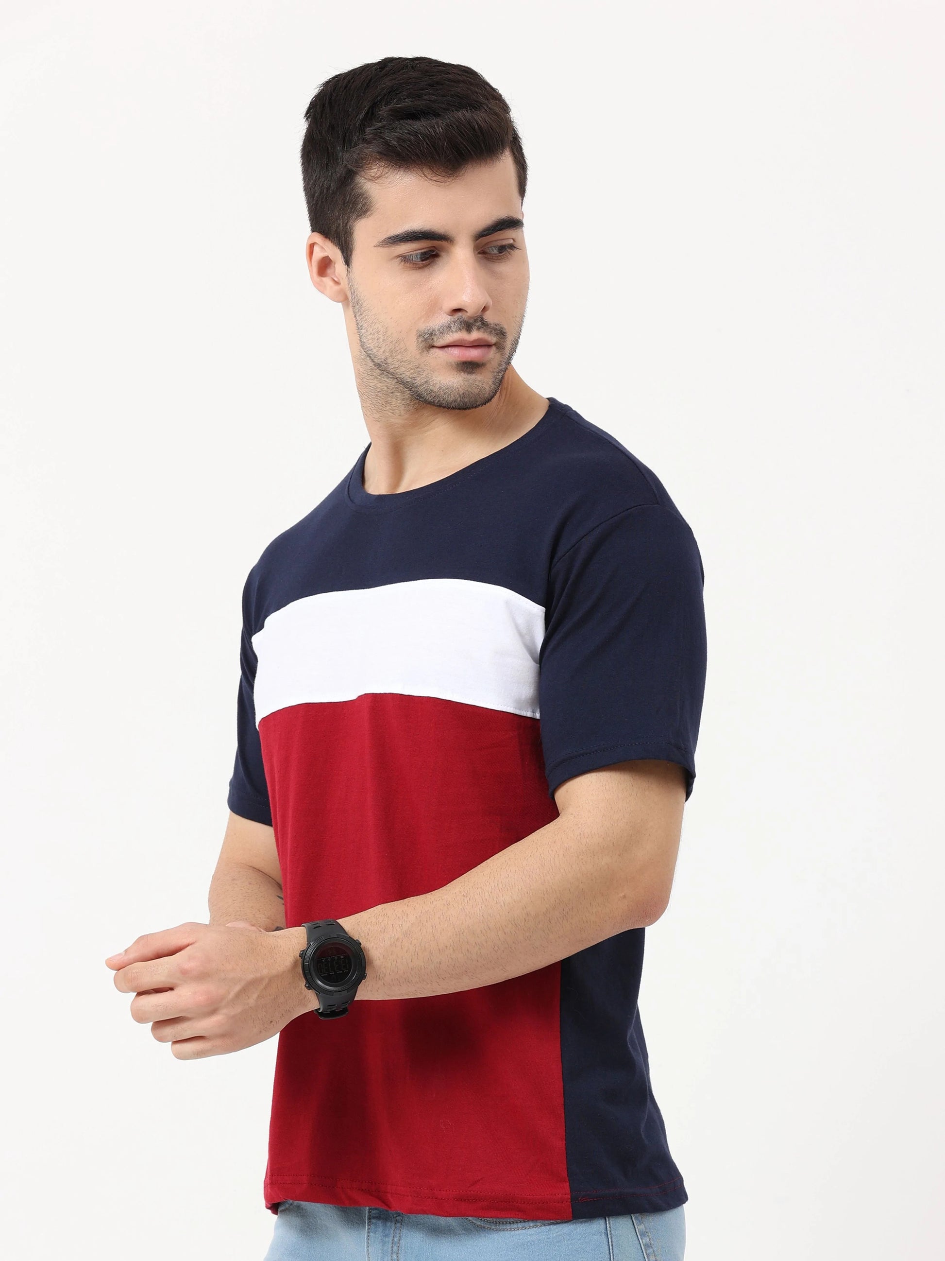 Fleximaa Men's Cotton Round Neck Color Block Half Sleeve T-Shirt - fleximaa-so