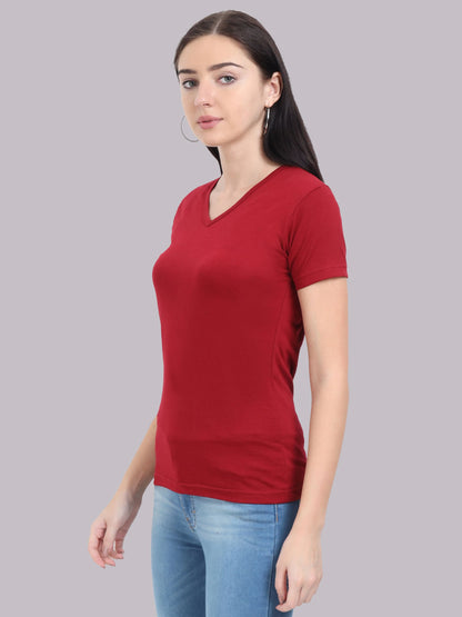 Fleximaa Women's Cotton Plain V Neck Half Sleeve T-Shirt - fleximaa-so