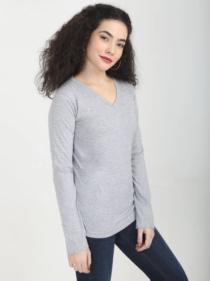 Fleximaa Women's Cotton Plain V Neck Full Sleeve T-Shirt - fleximaa-so