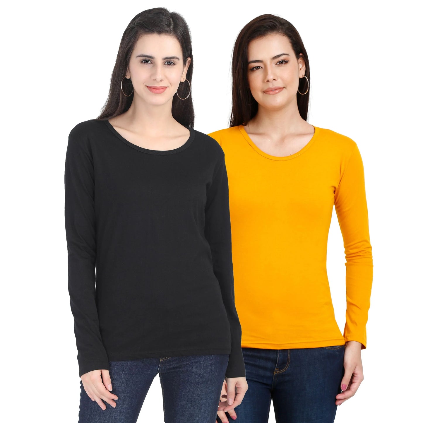 Fleximaa Women's Cotton Plain Round Neck Full Sleeve T-Shirt (Pack of 2) - Fleximaa