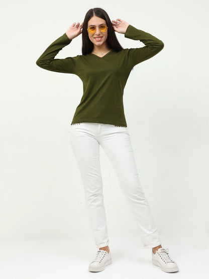 Fleximaa Women's Cotton Plain V Neck Full Sleeve T-Shirt - fleximaa-so