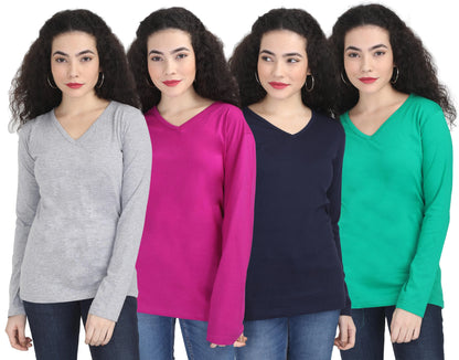 Fleximaa Women's Cotton Plain V Neck Full Sleeve T-Shirt (Pack of 4) - Fleximaa