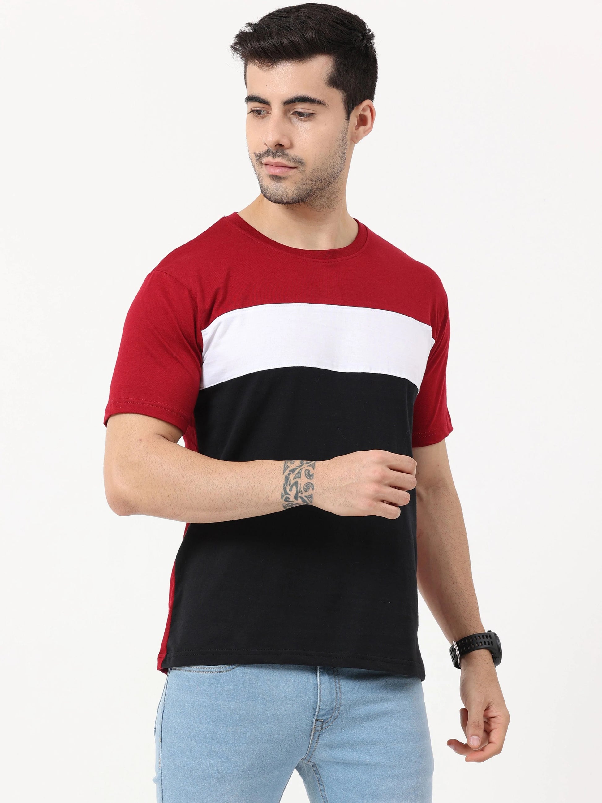 Fleximaa Men's Cotton Round Neck Color Block Half Sleeve T-Shirt - fleximaa-so