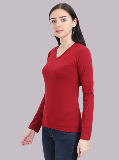 Fleximaa Women's Cotton Plain V Neck Full Sleeve T-Shirt - fleximaa-so