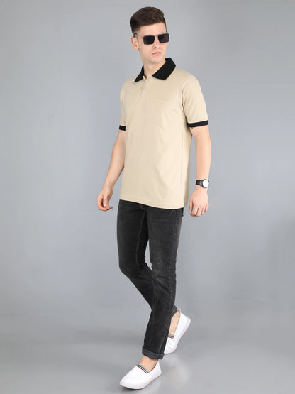 Men's Cotton Plain Polo Neck Half Sleeve Biscuit Color T-Shirt