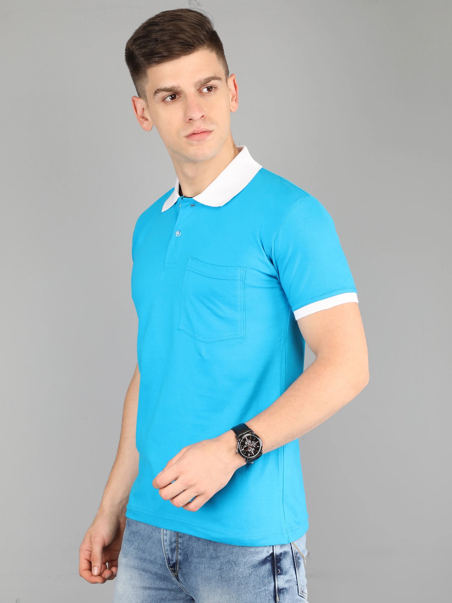 Men's Cotton Plain Polo Neck Half Sleeve Blue Color T-Shirt