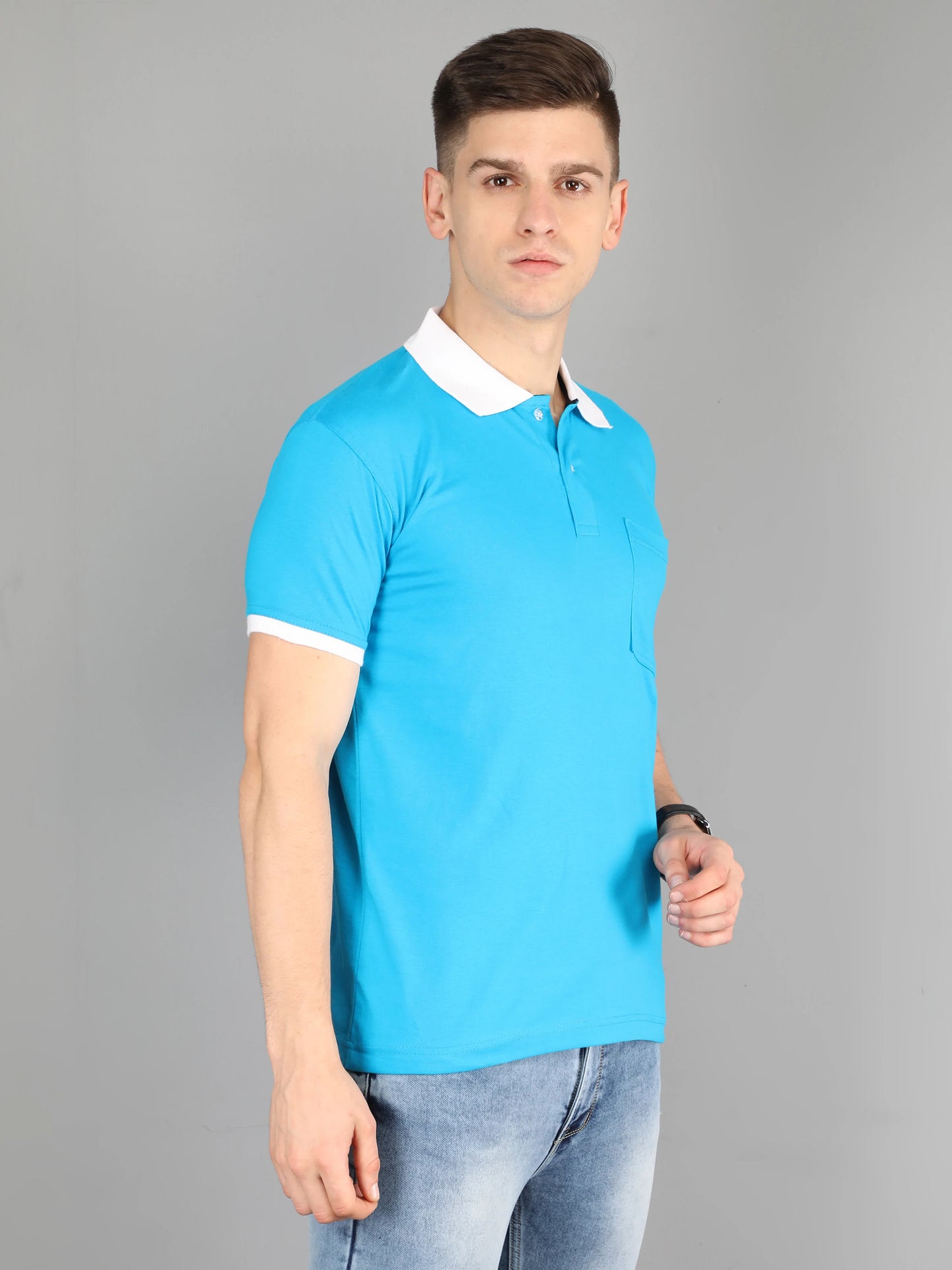 Men's Cotton Plain Polo Neck Half Sleeve Blue Color T-Shirt