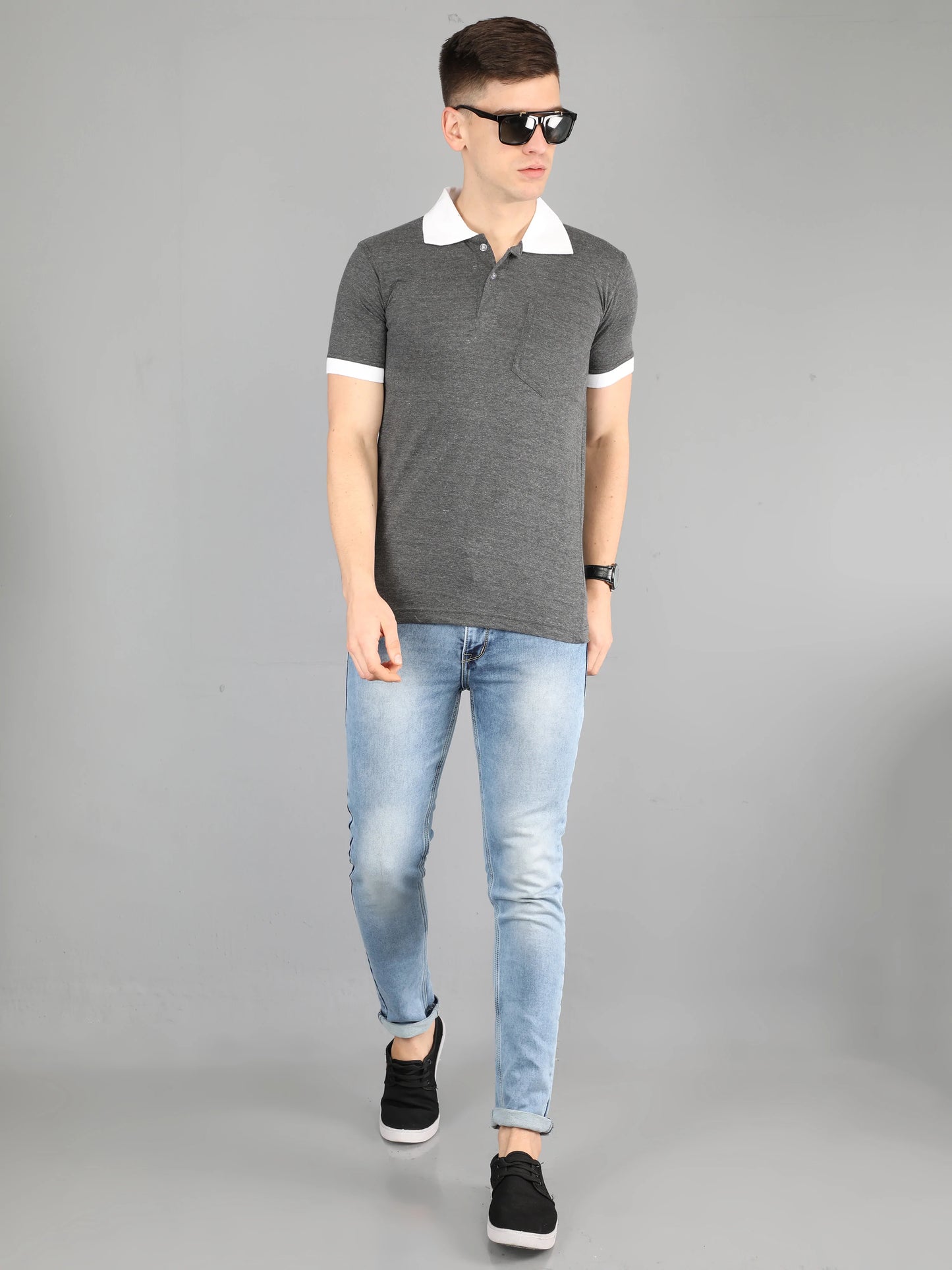 Men's Cotton Plain Polo Neck Half Sleeve Charcoal Melange Color T-Shirt