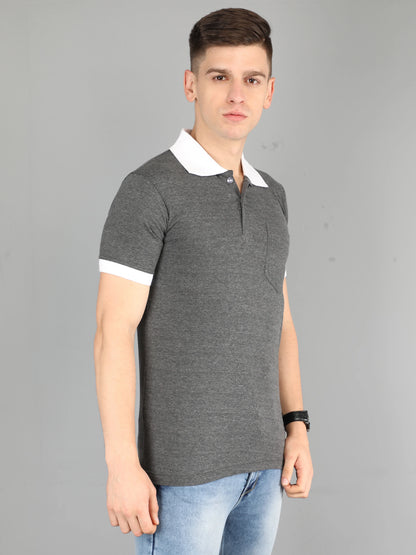 Men's Cotton Plain Polo Neck Half Sleeve Charcoal Melange Color T-Shirt
