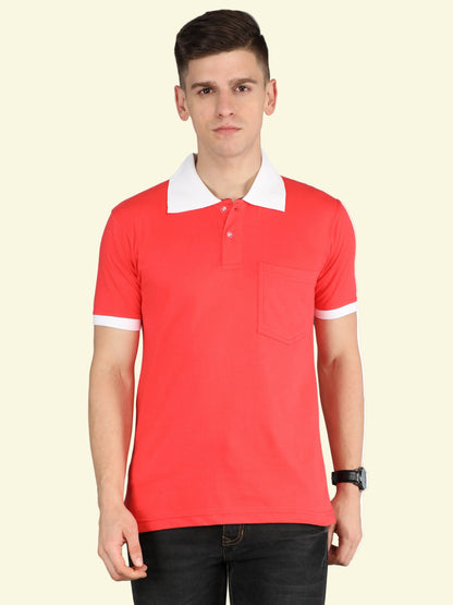 Men's Cotton Plain Polo Neck Half Sleeve Coral Red Color T-Shirt