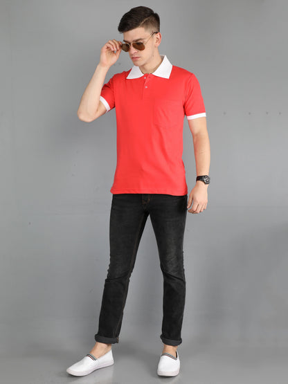 Men's Cotton Plain Polo Neck Half Sleeve Coral Red Color T-Shirt