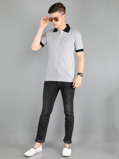 Men's Cotton Plain Polo Neck Half Sleeve Grey Melange Color T-Shirt