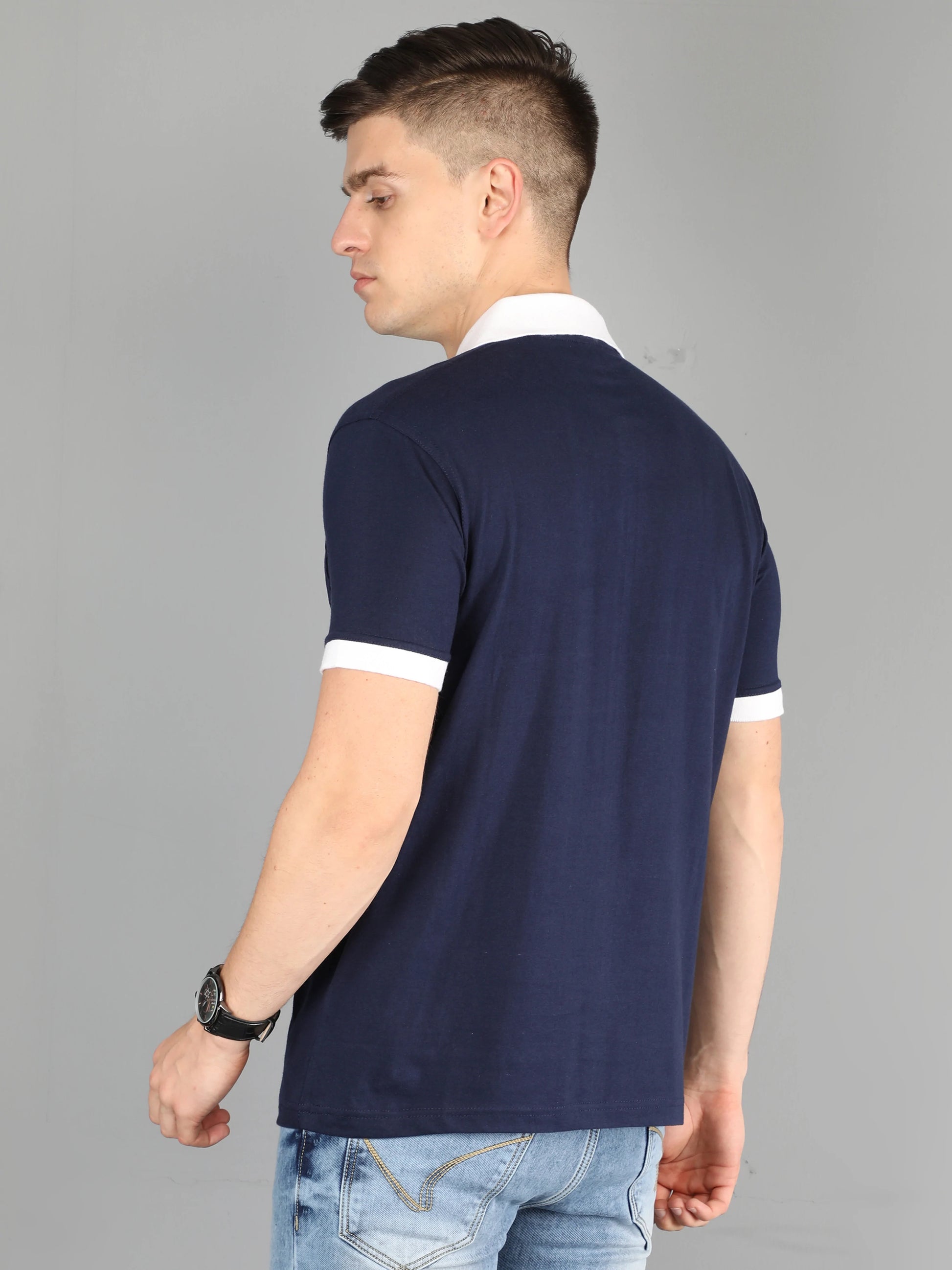 Men's Cotton Plain Polo Neck Half Sleeve Navy Blue Color T-Shirt